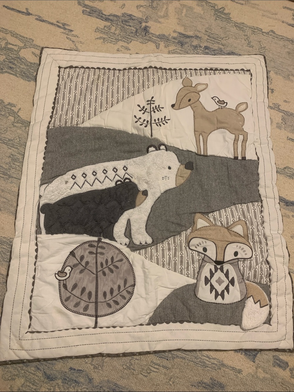 Neutral Woodland Animal Quilted Baby Blanket - Gray, Cream, Brown Textured